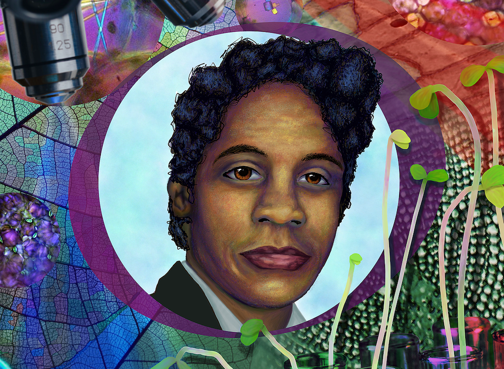 Artist portrait of Dr. Marie Clark Taylor in a purple oval with a light blue background. Outside of the oval are layered images of a microscope objective, leaf outlines, microscopic images of plant cells, and plant seedlings.