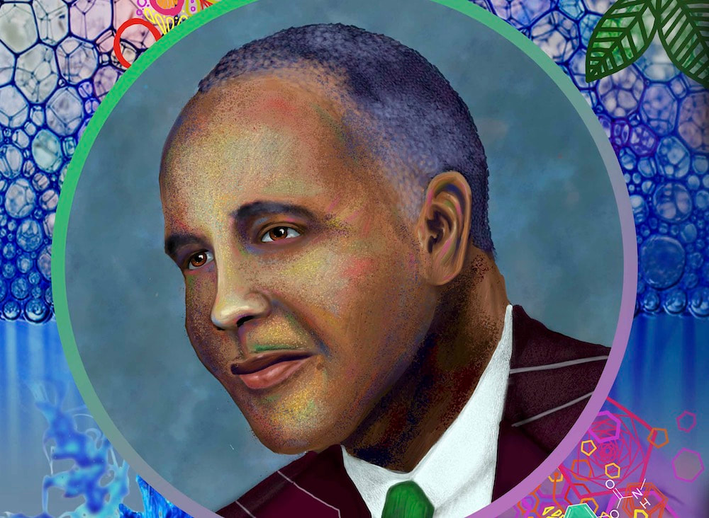 Artist portrait of Dr. Percy Lavon Julian in a green and purple circle with cloudy blue background. Outside of the circle are stylized leaves, small molecules, and soap bubbles.
